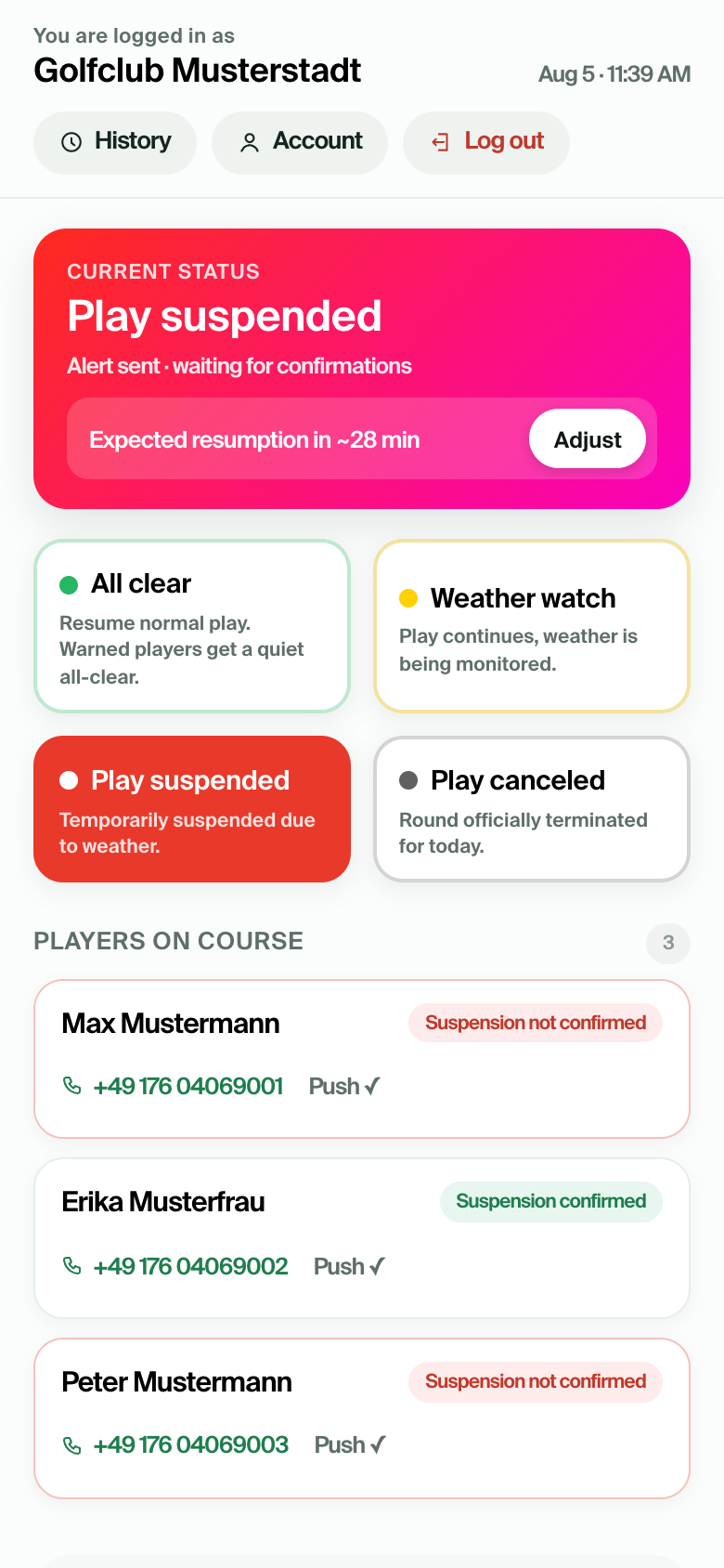 Betreiber-Dashboard am Handy: aktueller Status, Statusbuttons und Spielerliste mit Bestätigungen