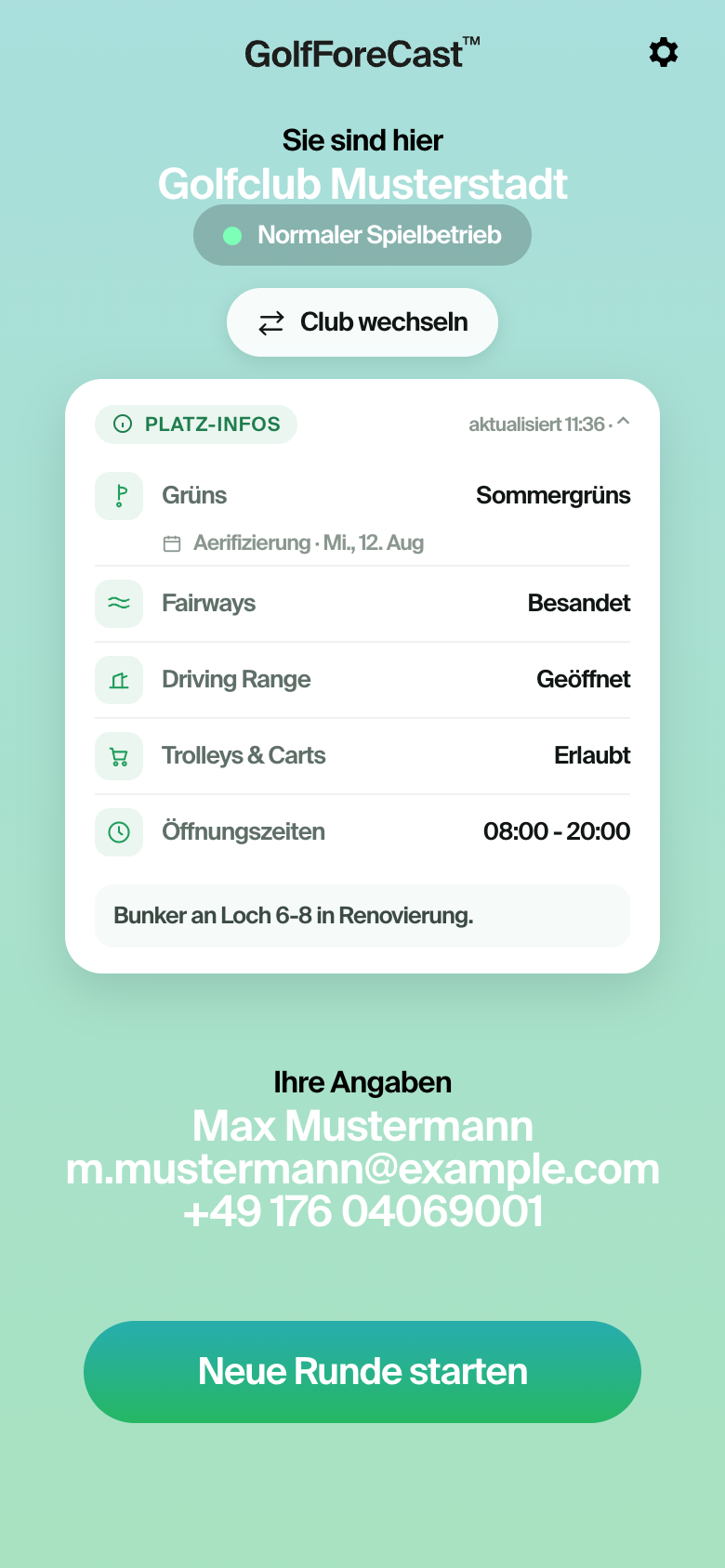 Start-Screen der GolfForeCast-Spieler-App mit Platzstatus und aufgeklappter Course-Info-Karte
